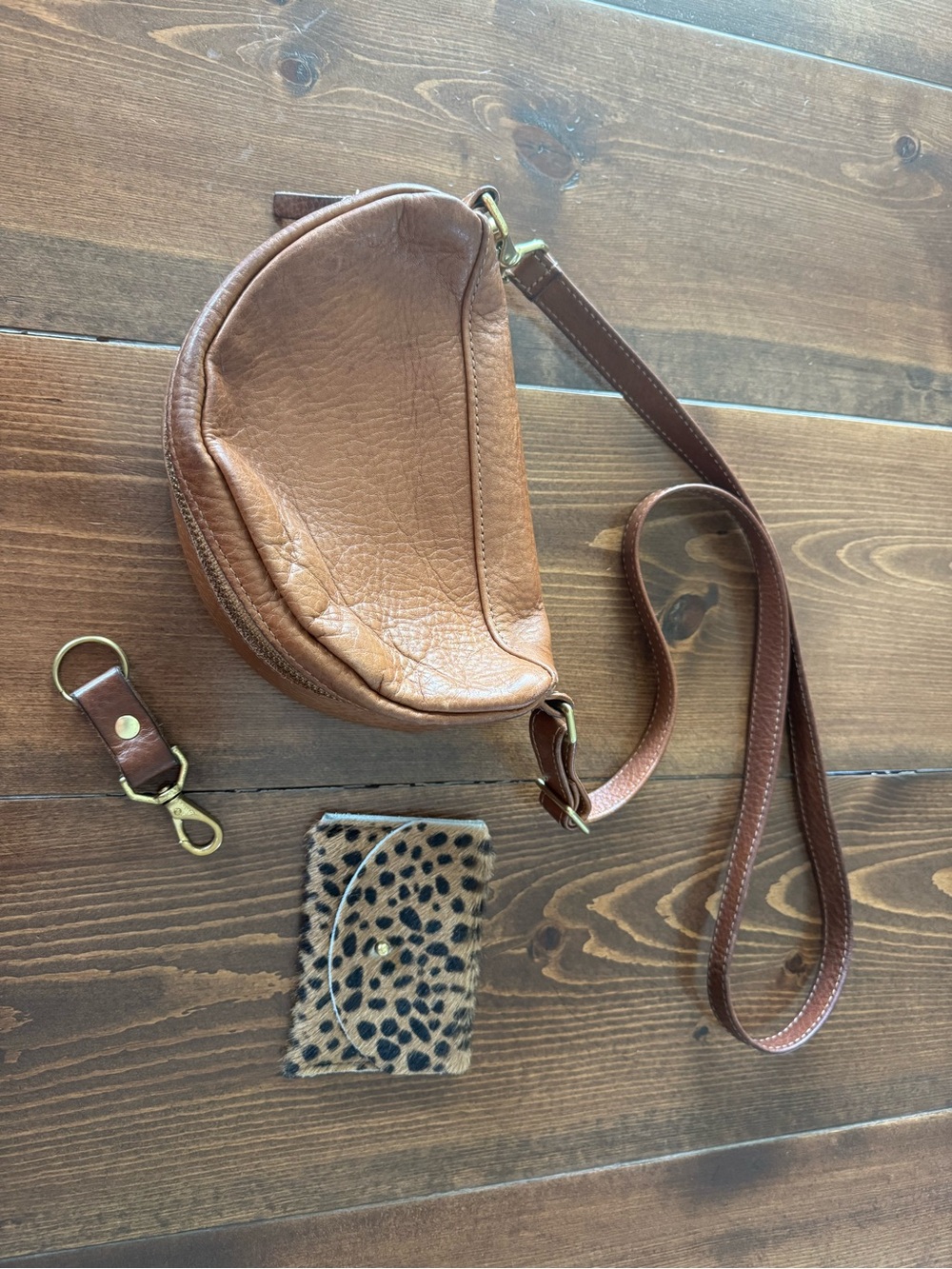 Tan Leather Crossbody Belt Bag with Leopard Card Sleeve & Key Chain